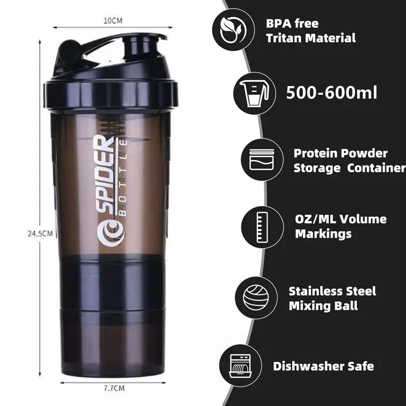 500ml Protein Shaker Cups with Powder Storage Container Mixer Cup Gym Sport Water Bottles with Wire Whisk Balls Drinkware