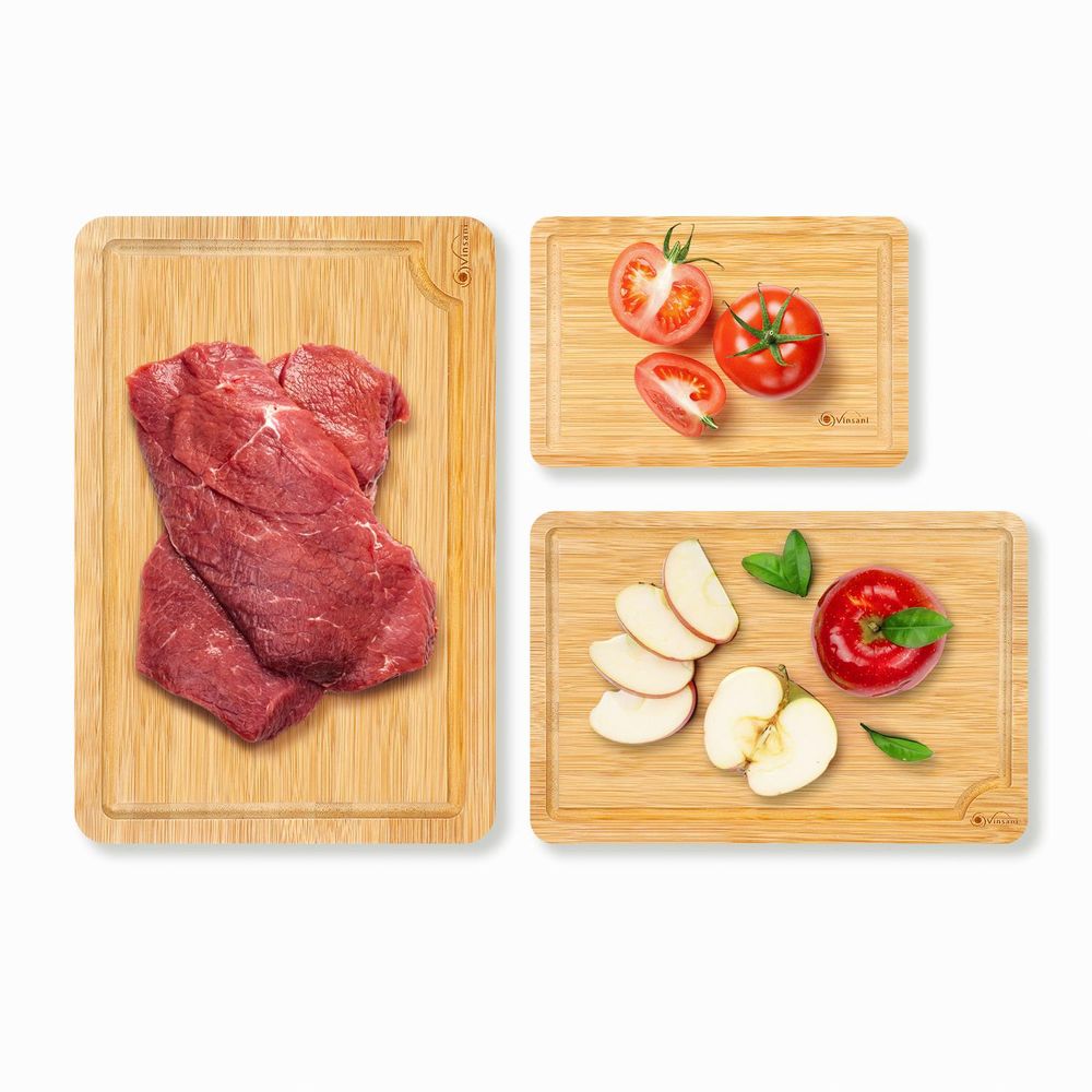 Bamboo Chopping Board Set of 3 100% Natural Wooden Kitchen Cutting Board