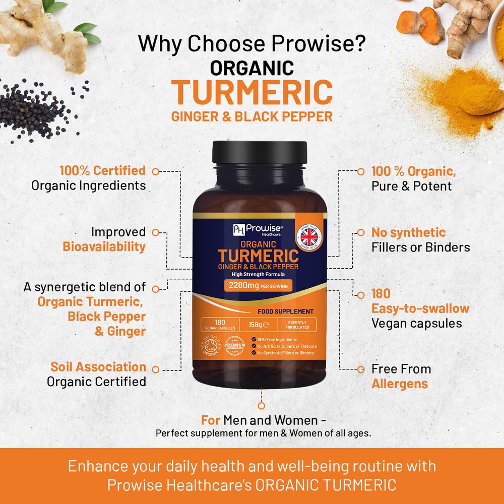 Organic Turmeric 2280mg (High Strength) with Black Pepper & Ginger - 180 Vegan Turmeric Capsules